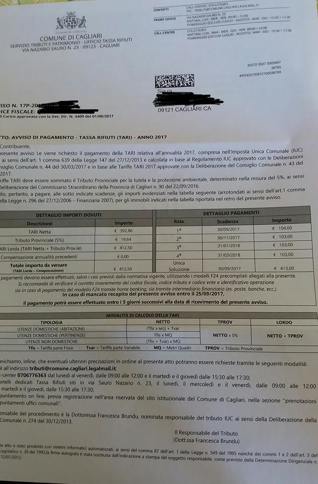 Cagliari, salasso rifiuti: 413 euro a una coppia che vive in 80 metri