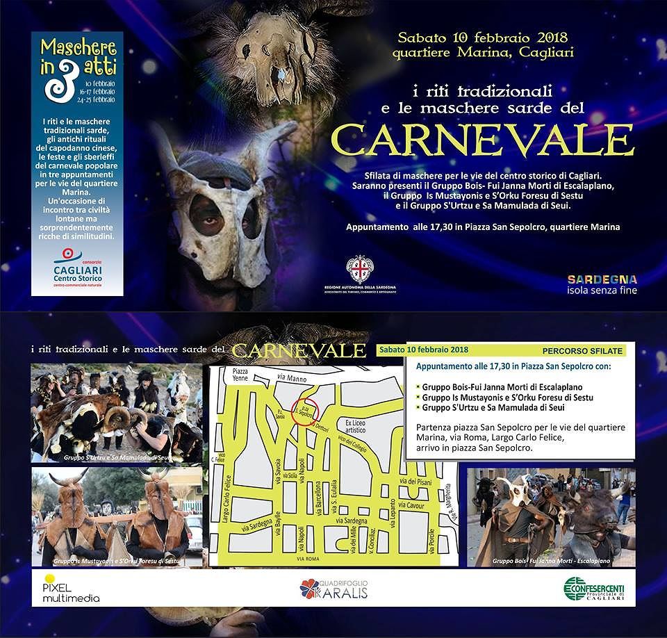 Cagliari, grande sfilata di Carnevale questa sera con le maschere di Seui ed Escalaplano
