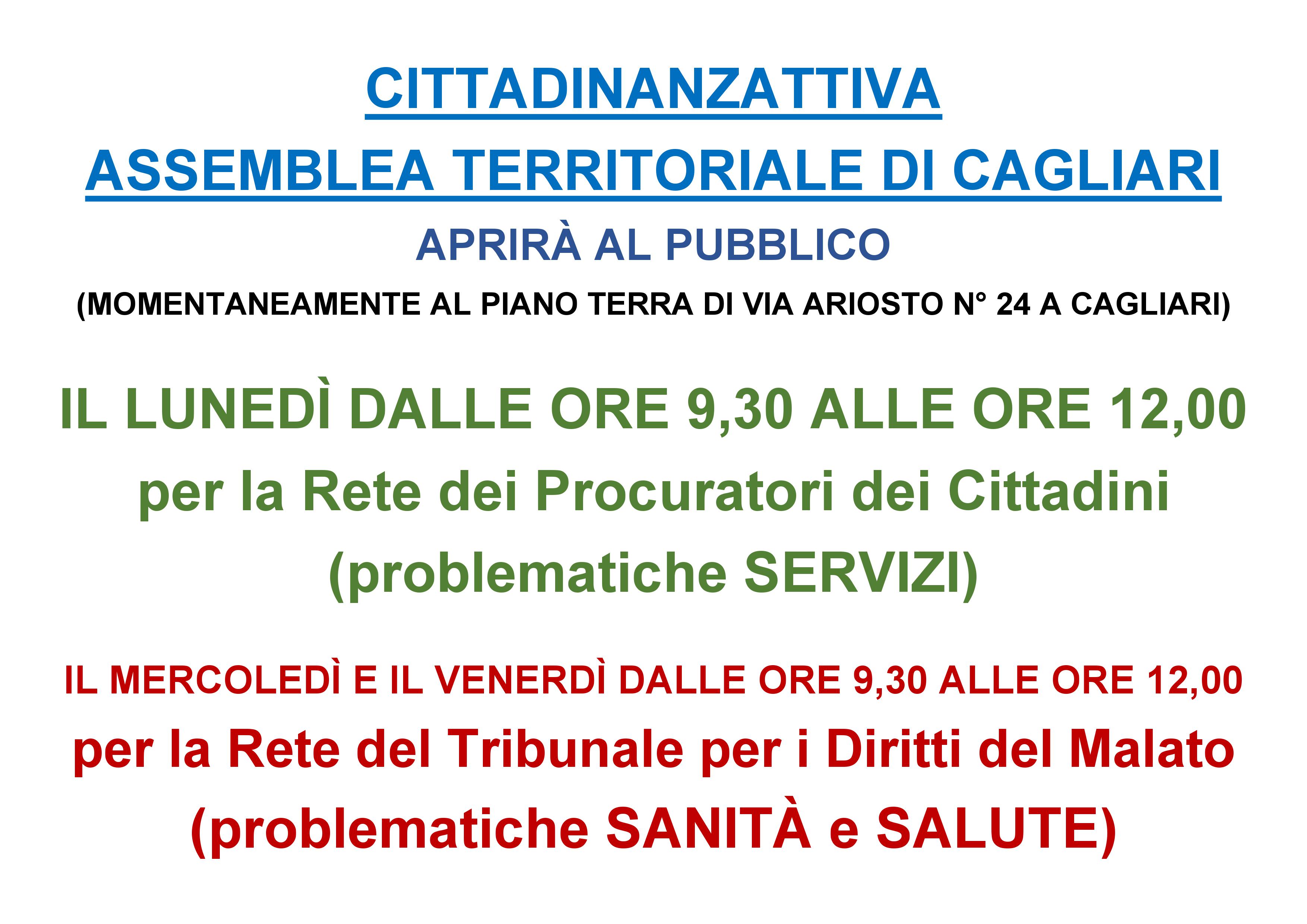 Cittadinanzattiva, riapre lo sportello di ascolto a Cagliari