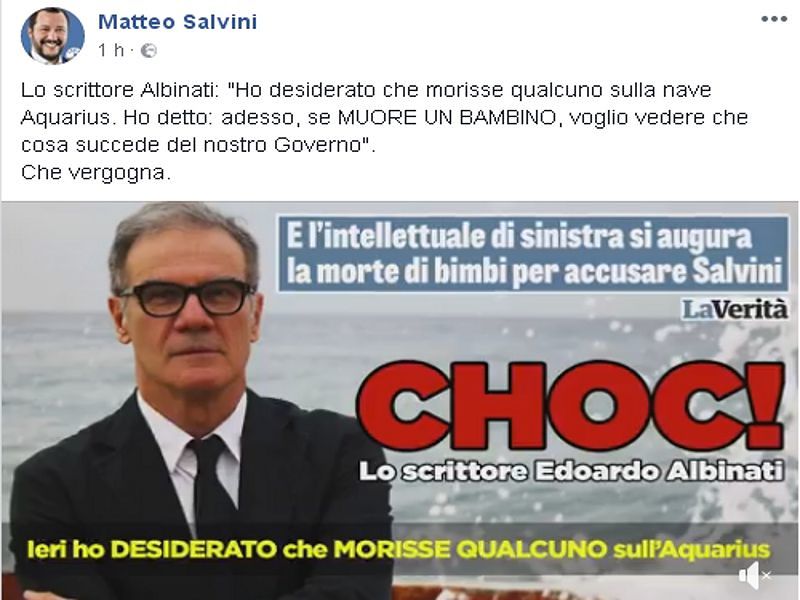 “Ho desiderato che sull’Aquarius morisse un bambino”, le parole choc dello scrittore Albinati indignano Salvini