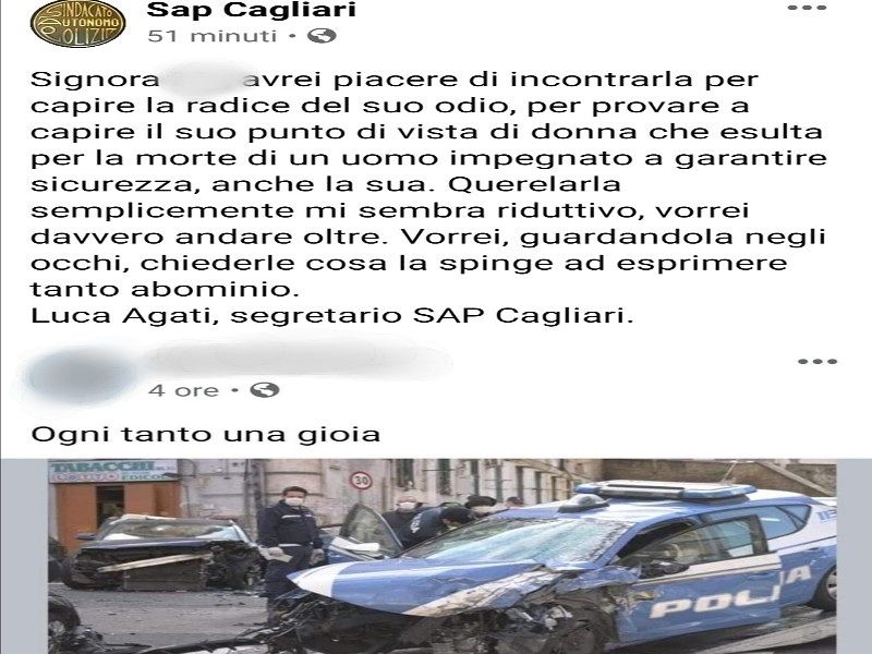 Cagliaritana esulta su Fb per la morte di Pasquale Apicella, protesta la polizia di Cagliari