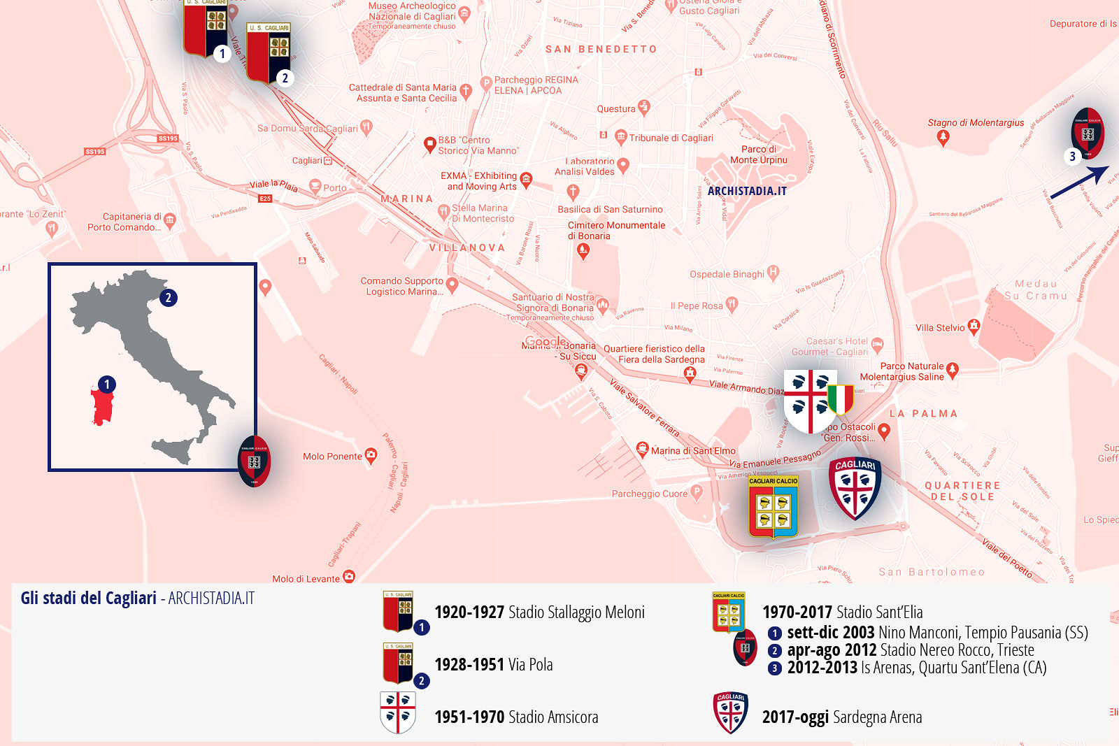La storica mappa di tutti gli stadi del Cagliari che compie 100 anni: il 5-2 alla Torres allo Stallaggio Meloni