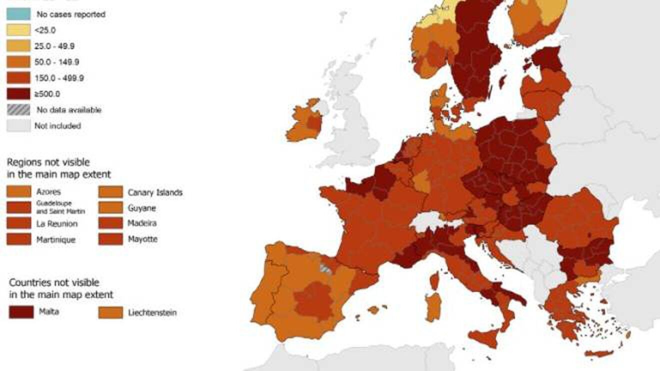 Mappa europea del Covid, la Sardegna (arancione) ha il livello più basso di rischio in Italia