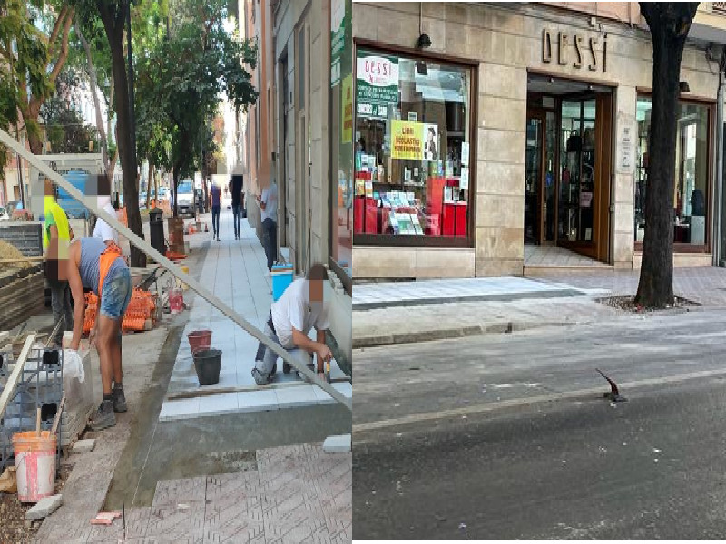 Cagliari, gli operai terminano il mini cantiere davanti alla storica libreria: “Marciapiede sistemato”
