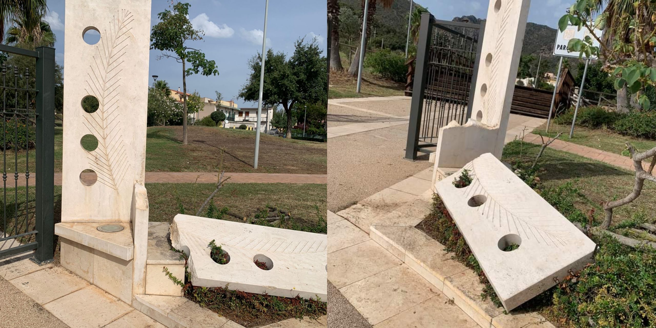 Scultura danneggiata nel parco urbano: vandalismo o forte vento? Scontro a Capoterra