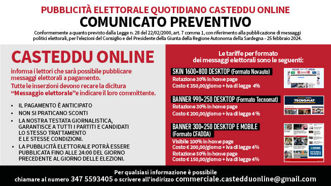 Pubblicità elettorale quotidiano Casteddu Online: comunicato preventivo