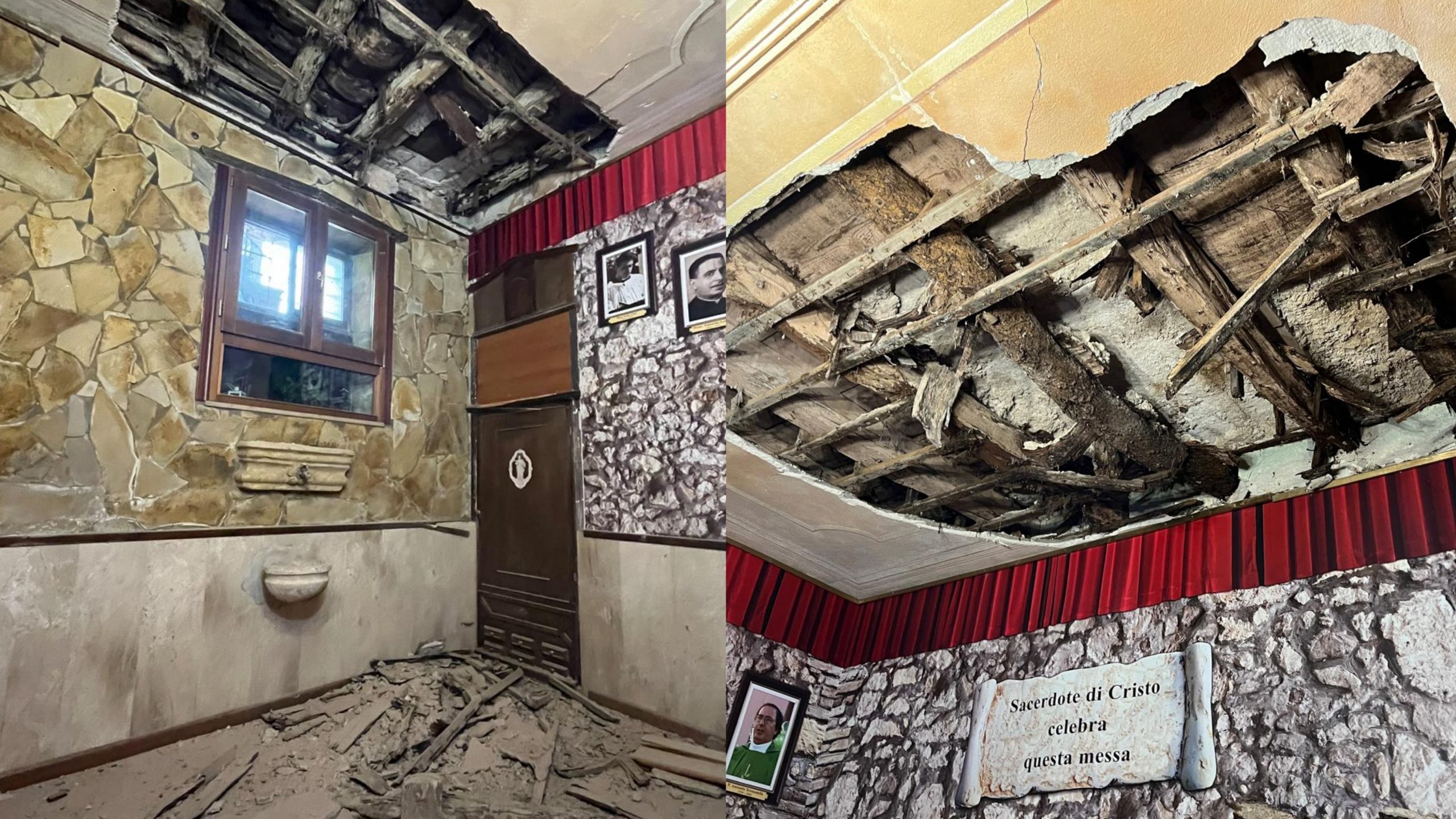 Cagliari, crolla il soffitto della storica Sagrestia di San Bartolomeo: detriti ovunque caduti dall’alto