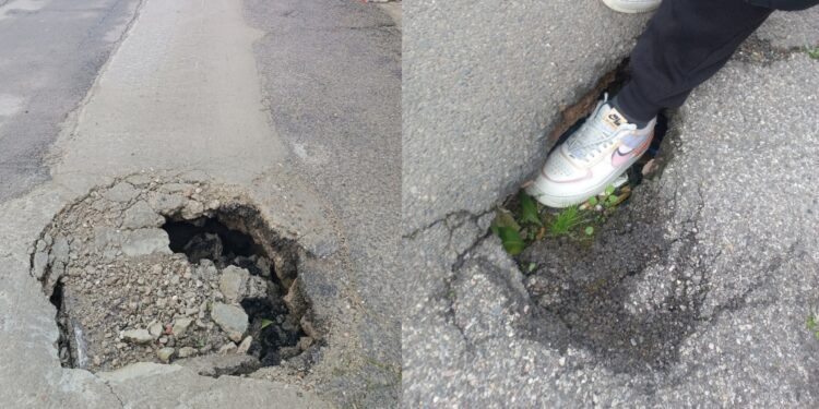 Sestu, buche e voragini talmente grandi da inghiottire i piedi dei passanti: in via Genova va in scena il paradosso